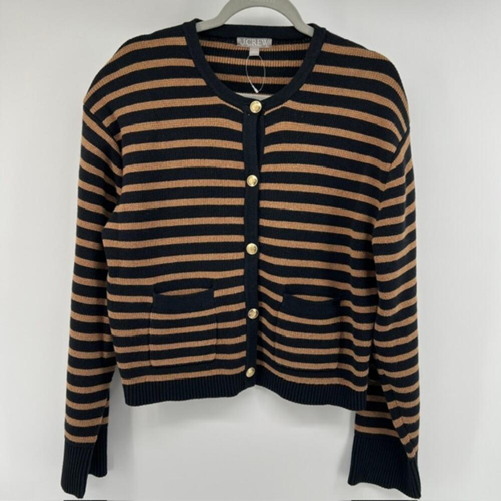 J Crew Emilie Button Sweater Jacket Womens L Black Tan Stripe Cotton Preppy